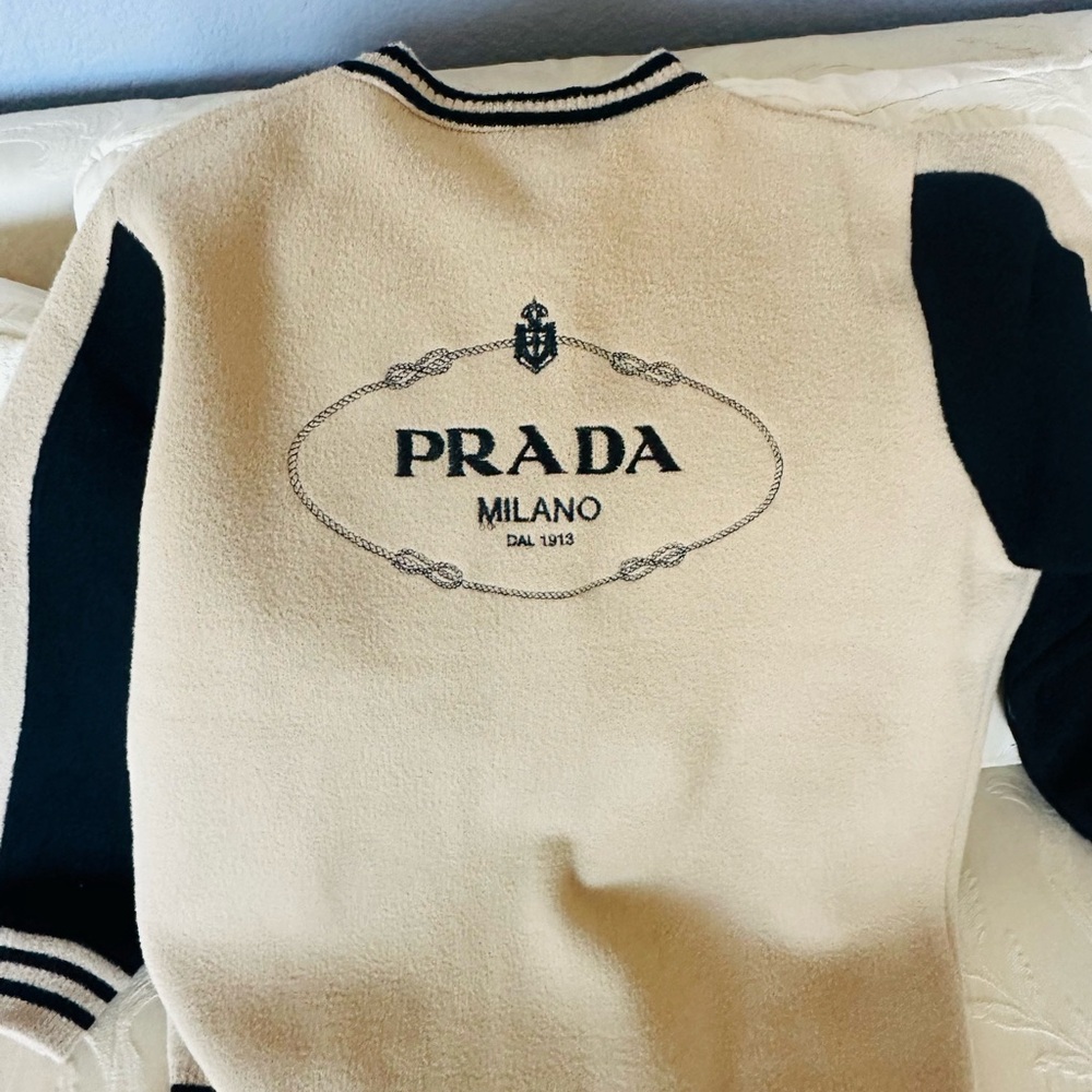Prada  DUP Cream and Black Logo Letterman Jacket-Sweater